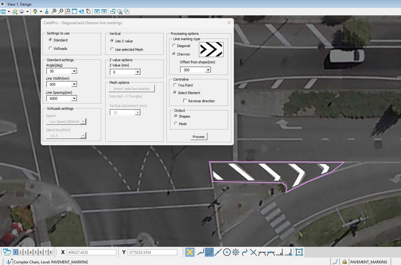 Diagonal and chevron line marking applied to a closed shape in Bentley MicroStation using civil drafting tools